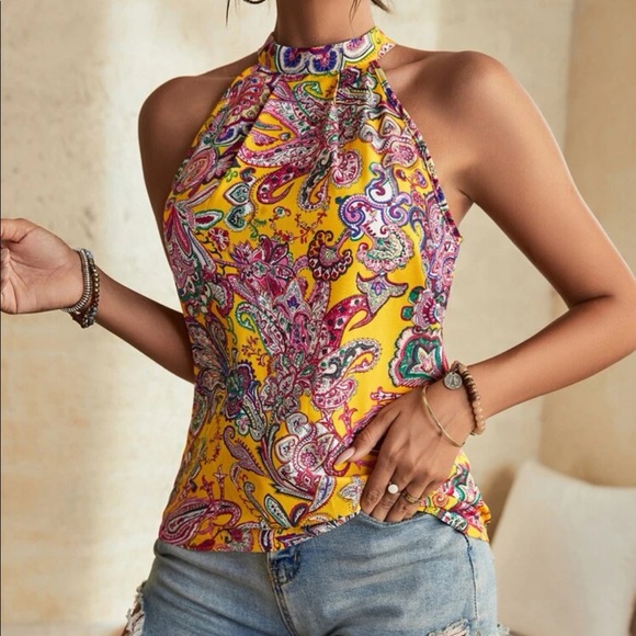 Bohemian Yellow Paisley Floral Print Casual Summer Tank Top S M L XL - Picture 4 of 4